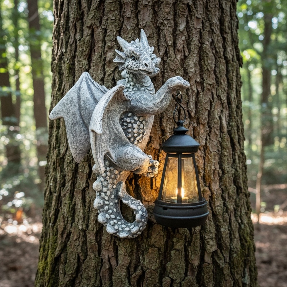 Dragon Solar Tree Hugger - 9.3 Inch Garden Decor Statues Gray NIB Wall Hanging